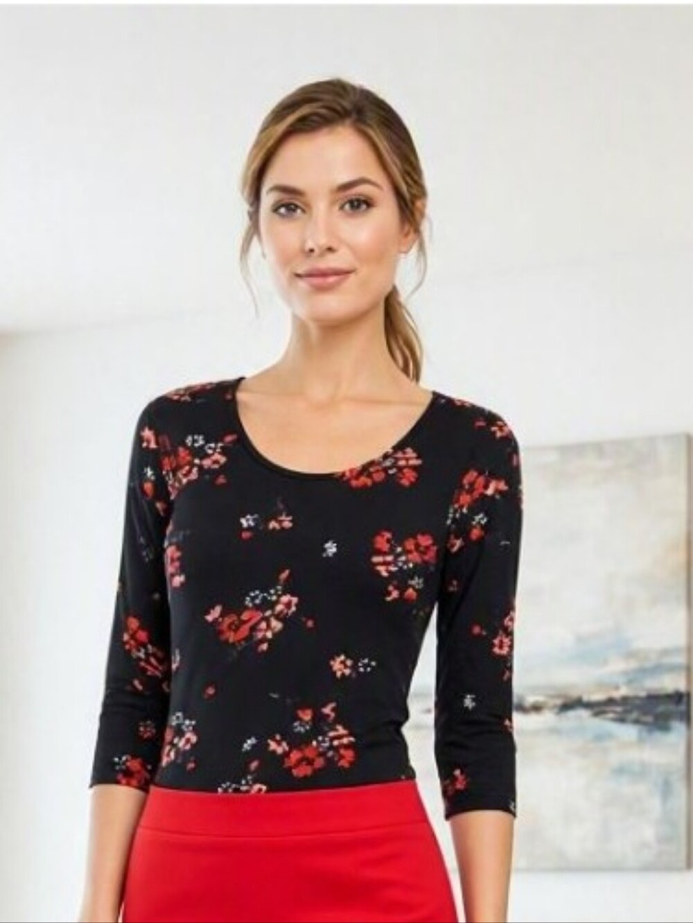 Rebecca Taylor Black with Red Florals 3/4 Sleeved Scoop Neck Top - M